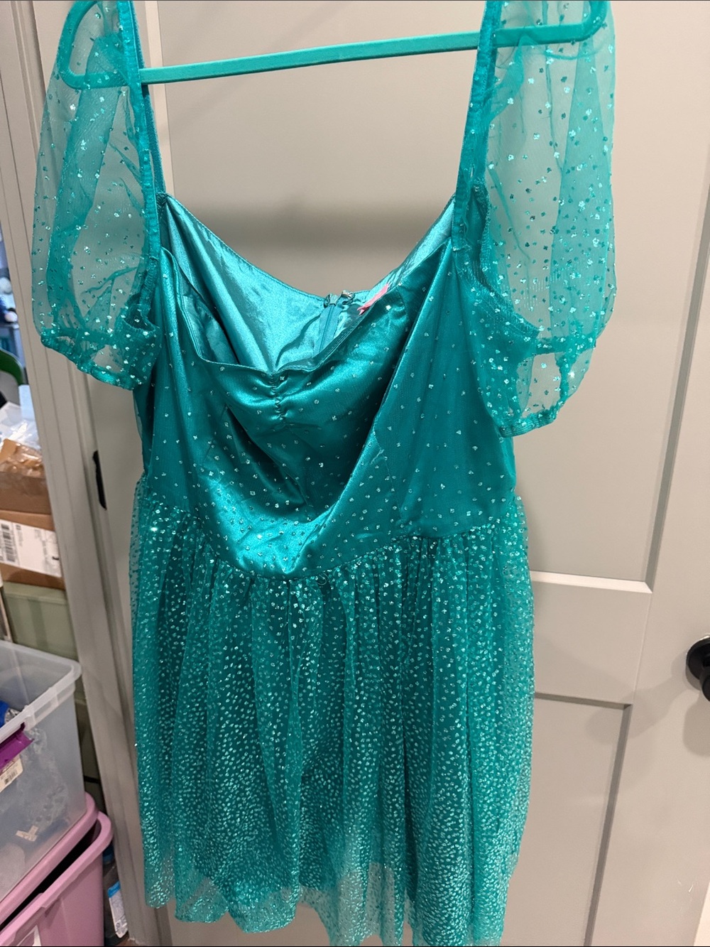 Sugar Thrillz Teal Shimmer Puff-Sleeve Party Dress